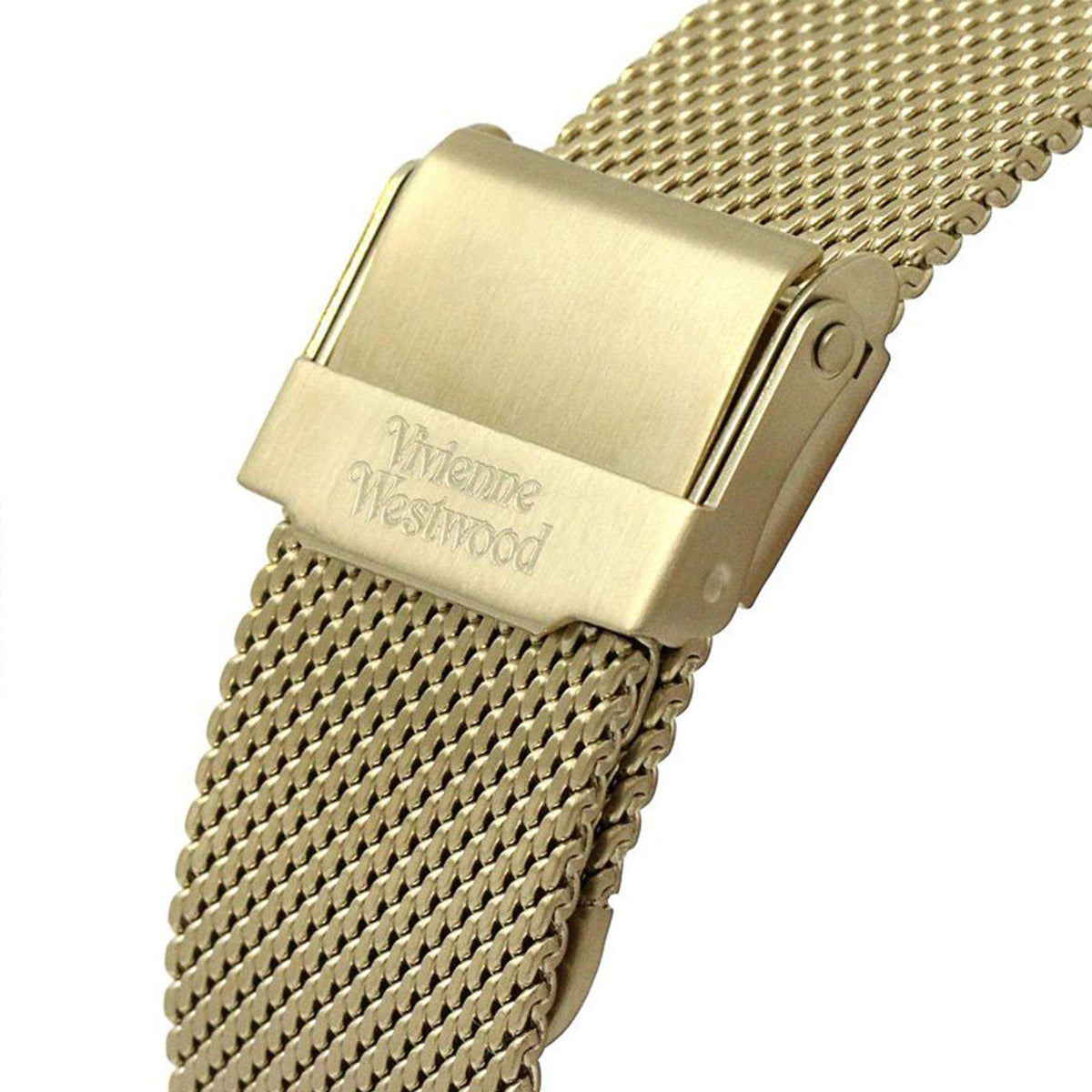 Gold-tone mesh bracelet clasp of a wristwatch, engraved Vivienne Westwood logo