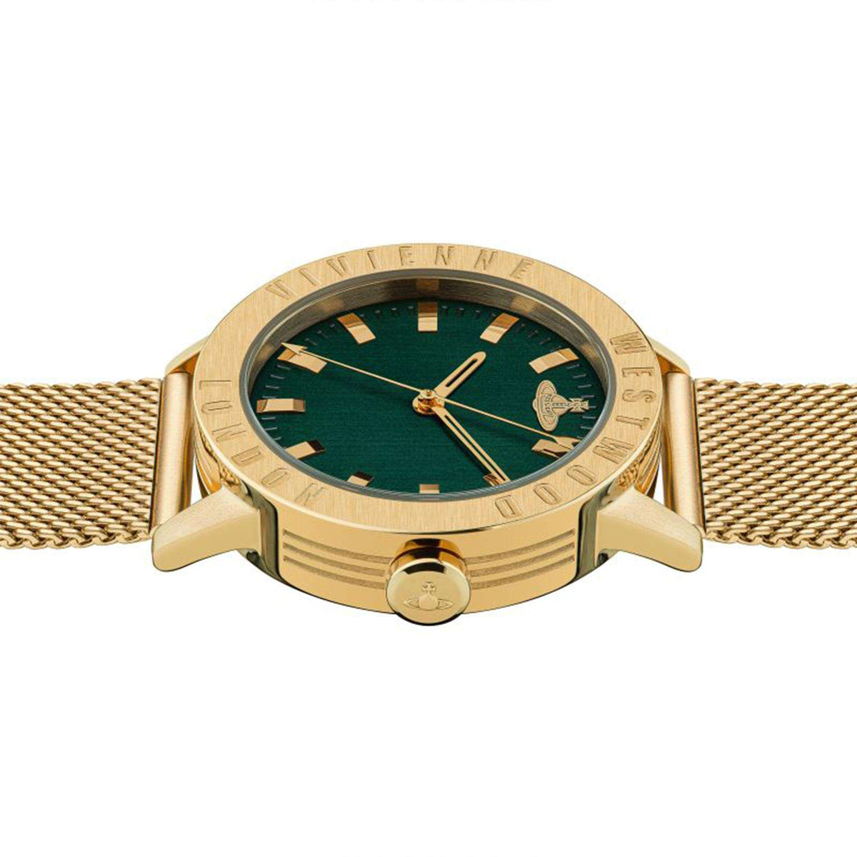 Gold-tone watch case with green dial and mesh bracelet, crown and lugs visible