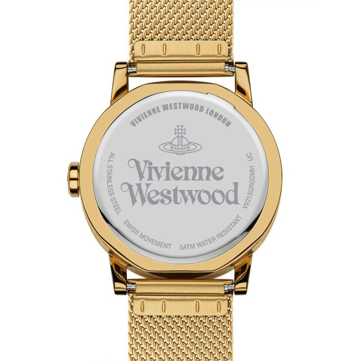 Gold-tone mesh bracelet watch with silver caseback engraved with Vivienne Westwood