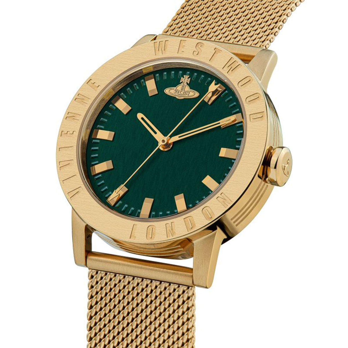 Gold-tone wristwatch with green dial and mesh bracelet, angled case and crown view