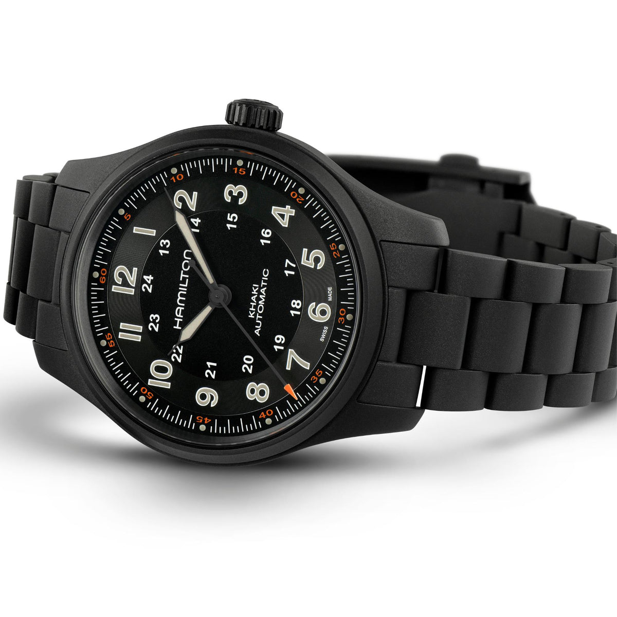 Hamilton Khaki automatic wristwatch with black dial, black PVD case, and link bracelet