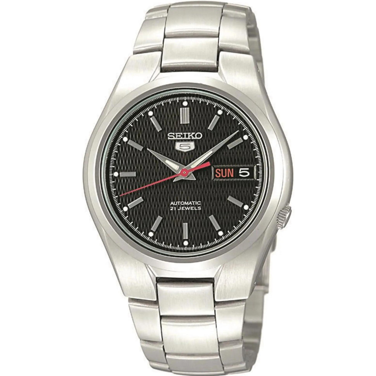 Seiko 5 Automatic SNK607K1 front view of textured black dial with steel case and bracelet