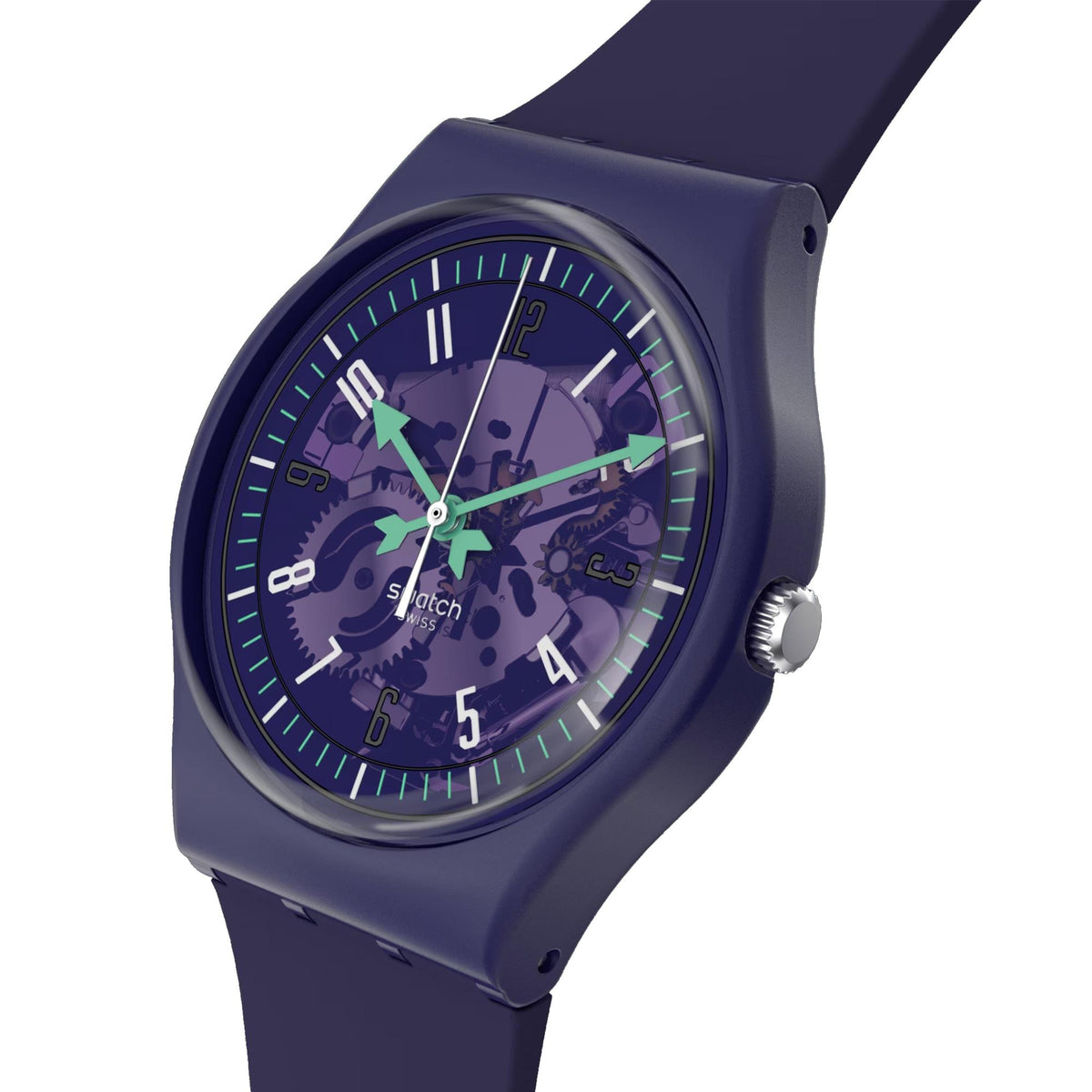 Purple silicone strap watch close-up with purple dial, green hour hands, and bezel details