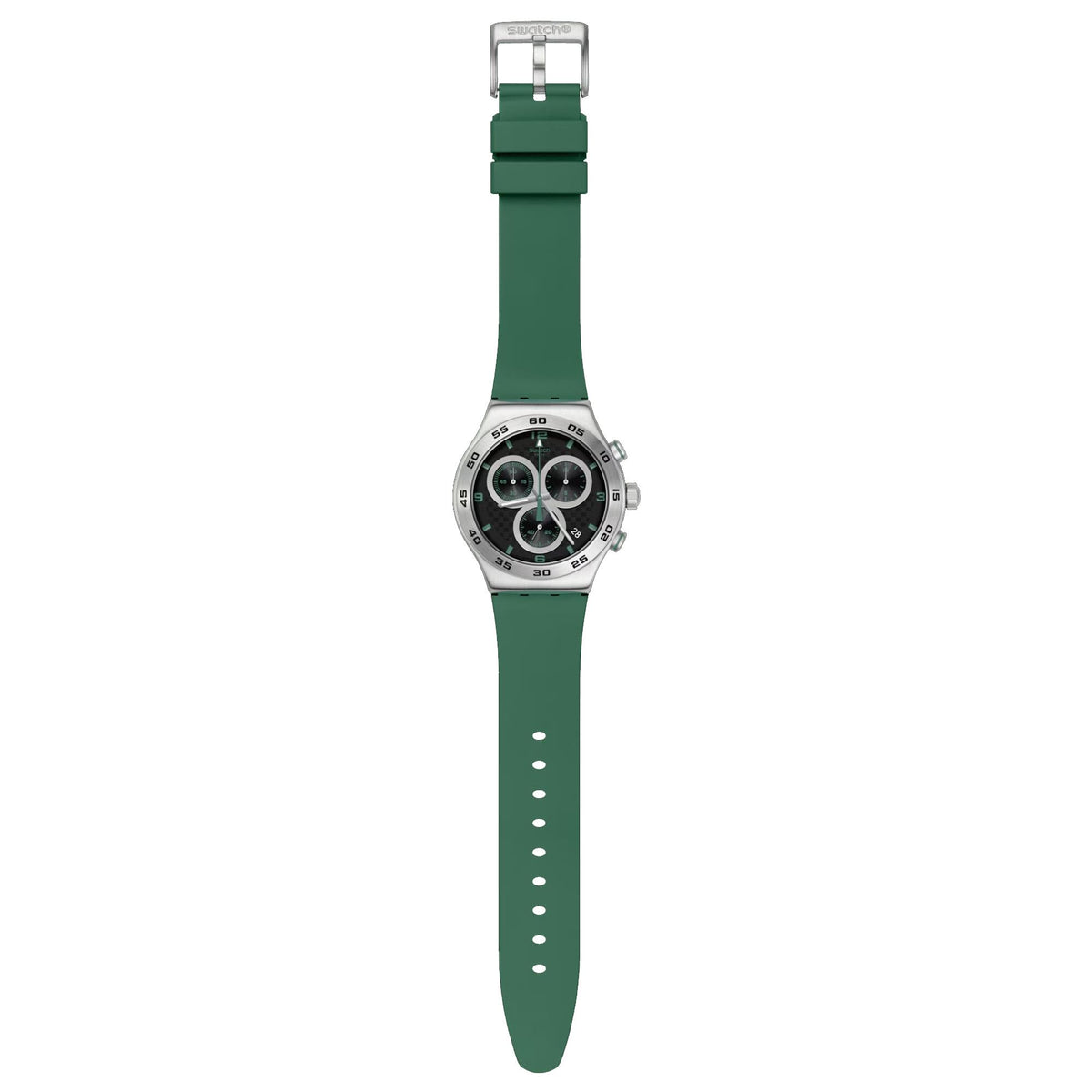 Green silicone watch band with silver buckle and a round multi-dial watch case.