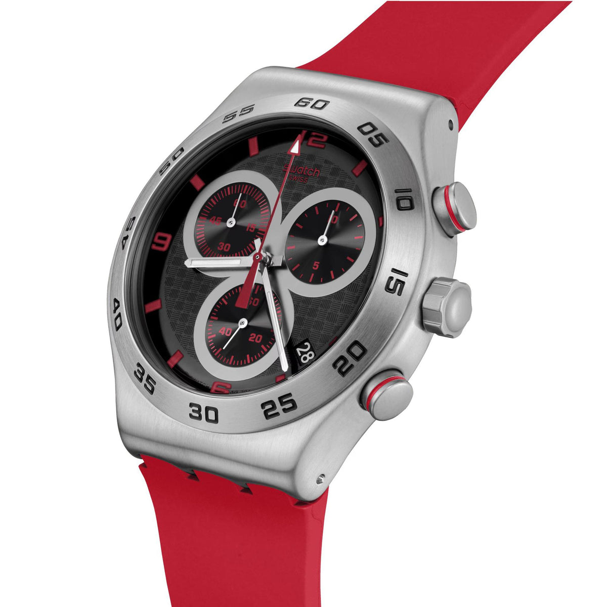 Silver-tone round watch case with red silicone strap; black dial with red chronograph subdials