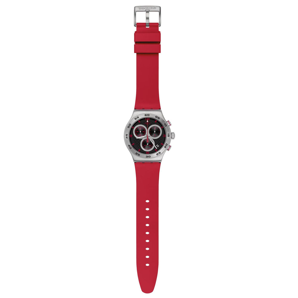 Red silicone strap watch with metal case and round chronograph dial, shown full length