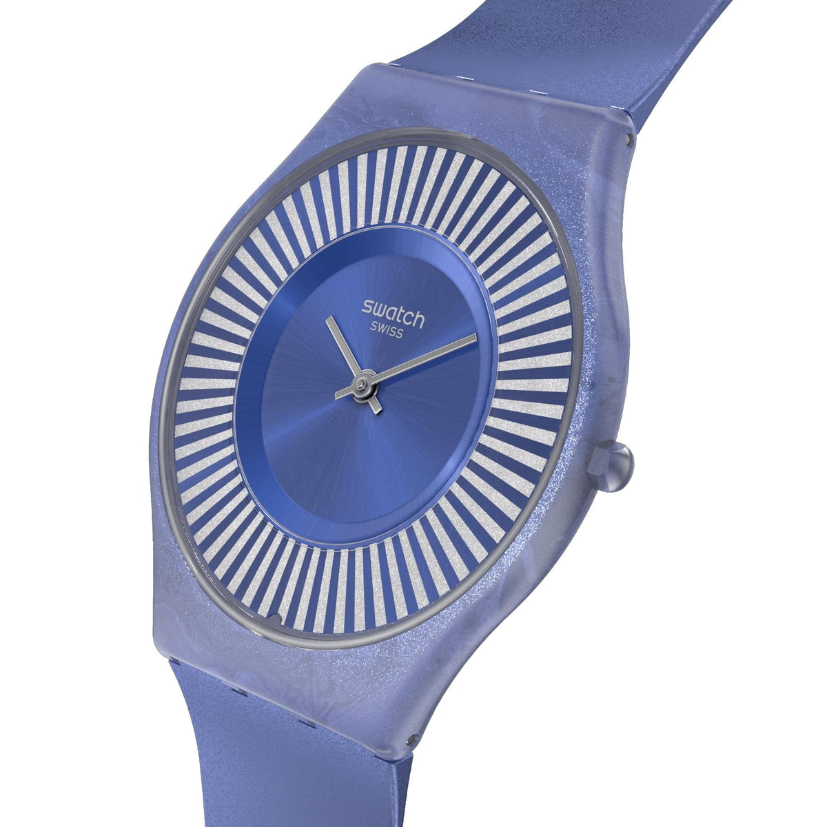 Blue silicone Swatch watch with close-up blue dial and striped radial bezel