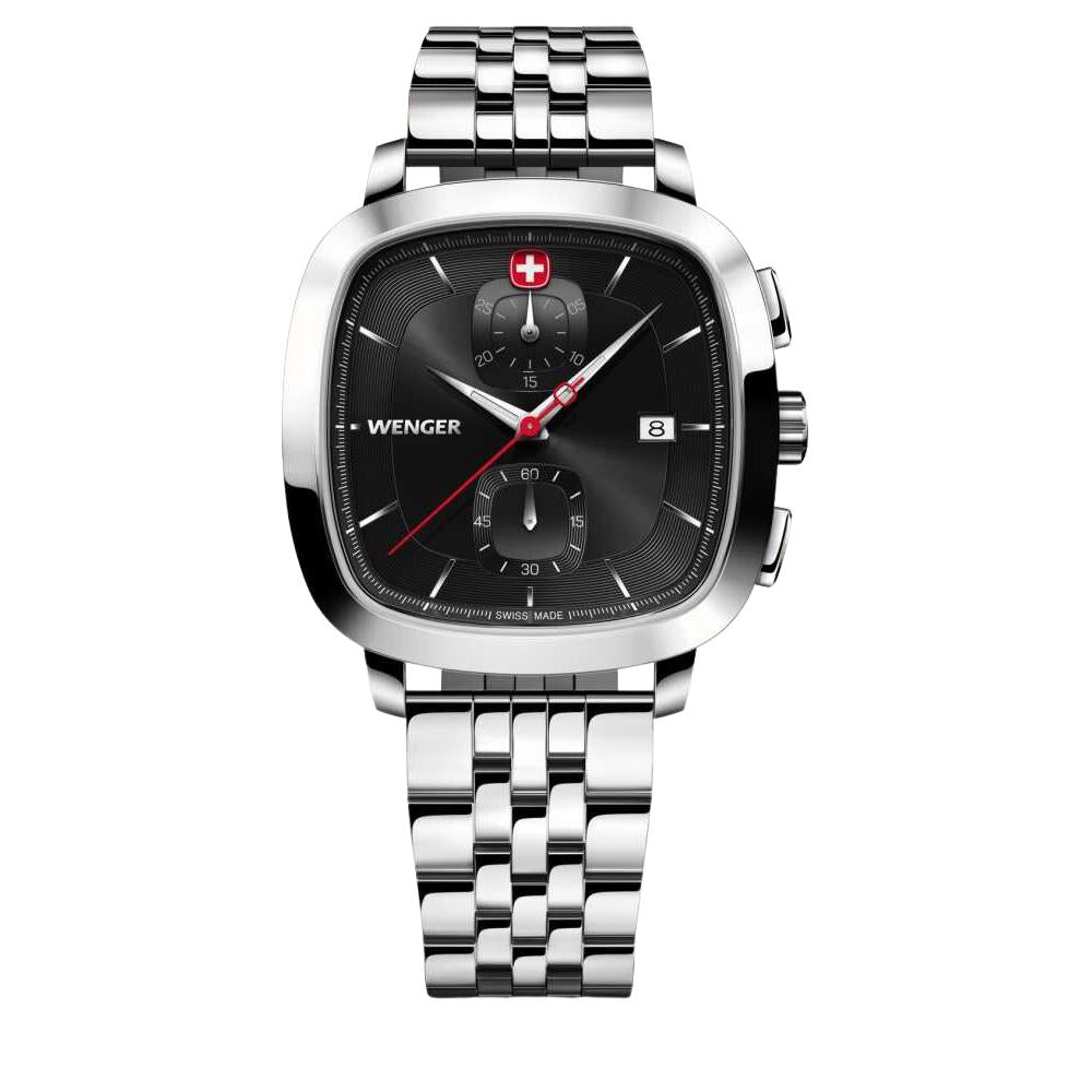 Men's chronograph watch, black dial with red hands, stainless link bracelet