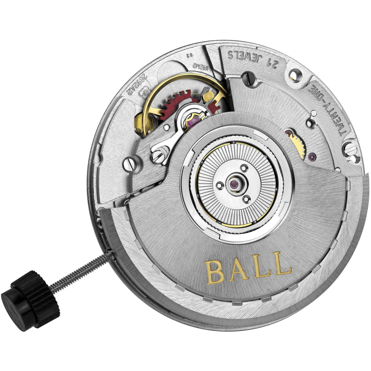 Exposed watch movement in open caseback with visible gears and balance wheel