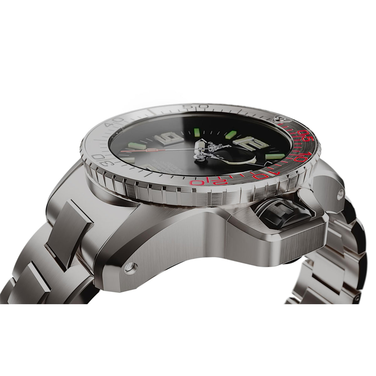 Watch case side view with crown and ridged bezel detail, stainless bracelet links