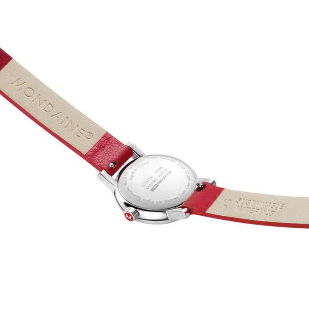 Stainless steel case back of Mondaine Evo2 MSE.26110.LCV watch showing official SBB Swiss railway engraving