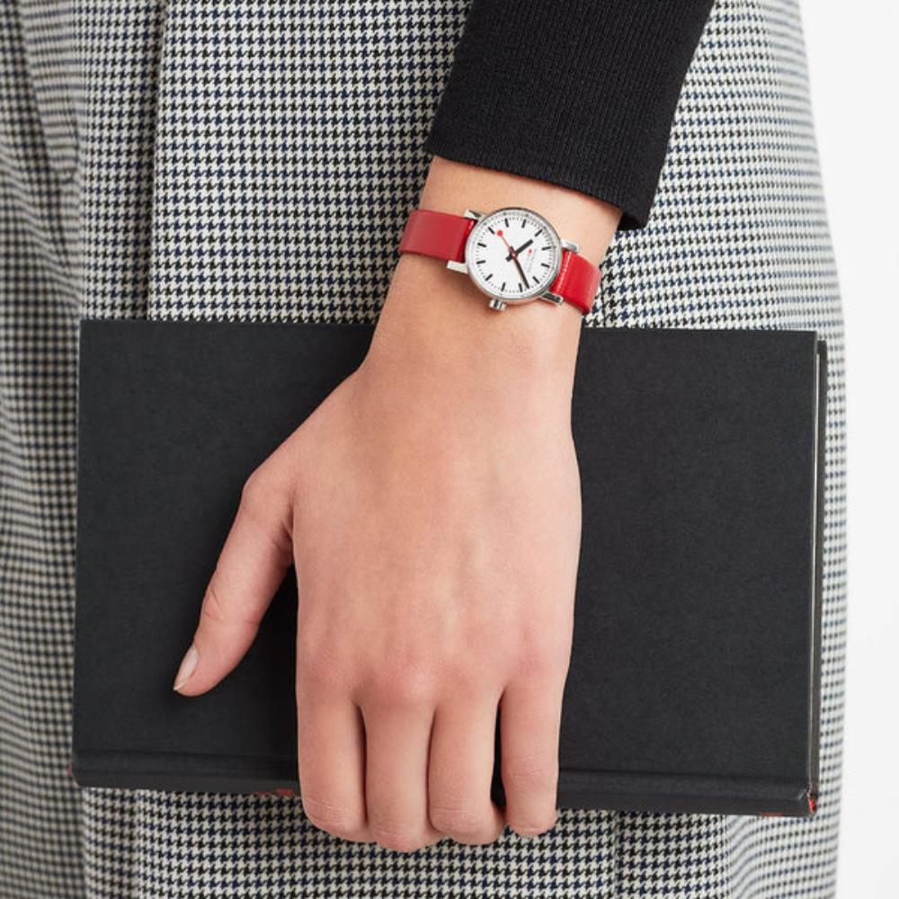 Mondaine Evo2 MSE.26110.LCV women's watch paired with a houndstooth blazer and notebook