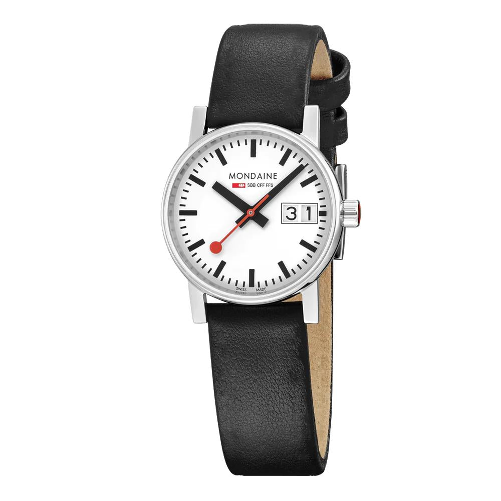 Angle of Mondaine Evo2 MSE.30210.LBV dress timepiece highlighting the polished silver case and red crown detail