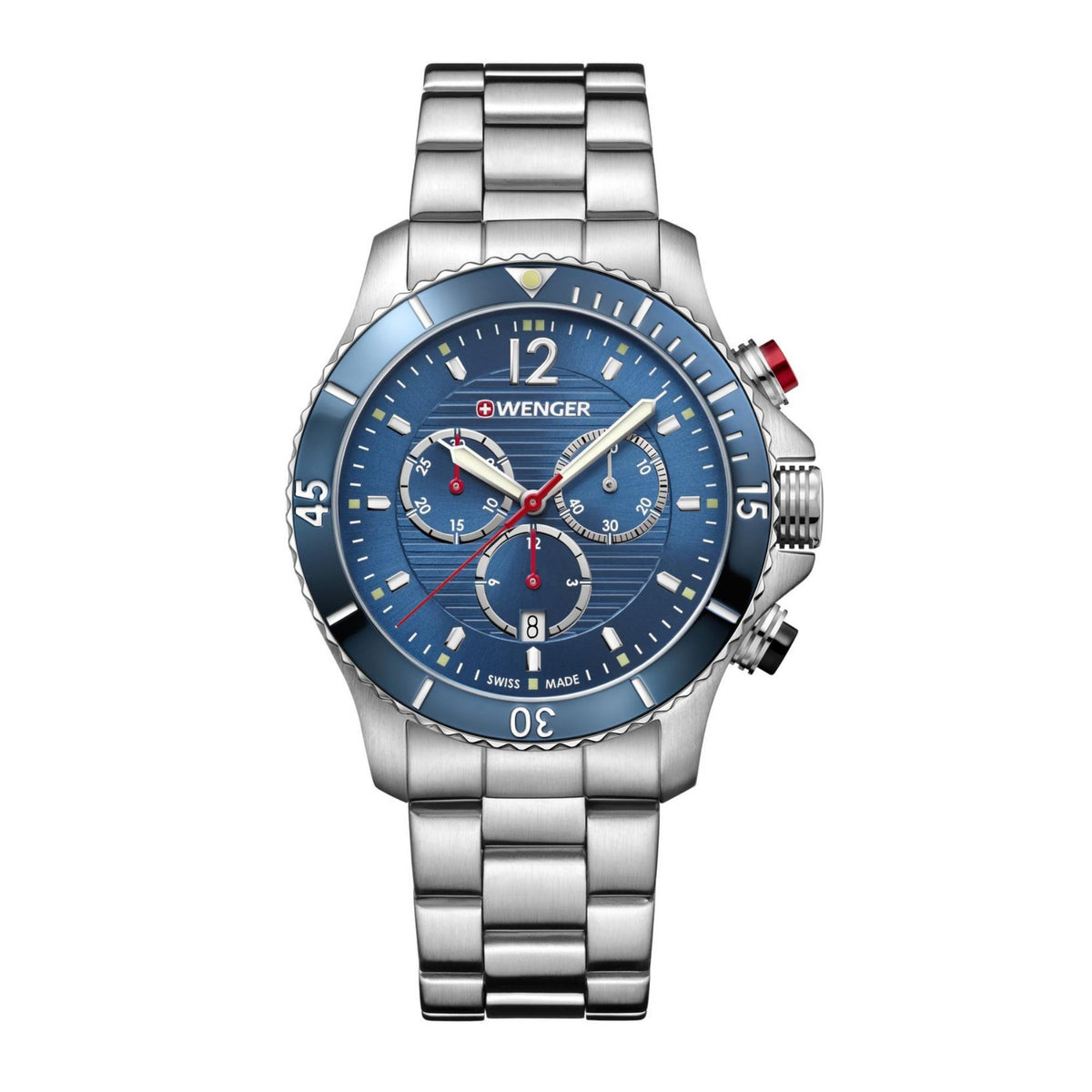 Wenger Seaforce chronograph watch, blue dial with subdials and stainless bracelet.