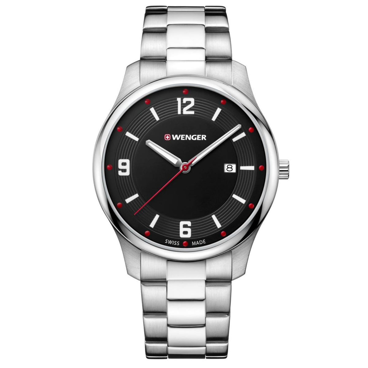 Men's stainless steel bracelet watch with black dial, red accents, silver hands and markers