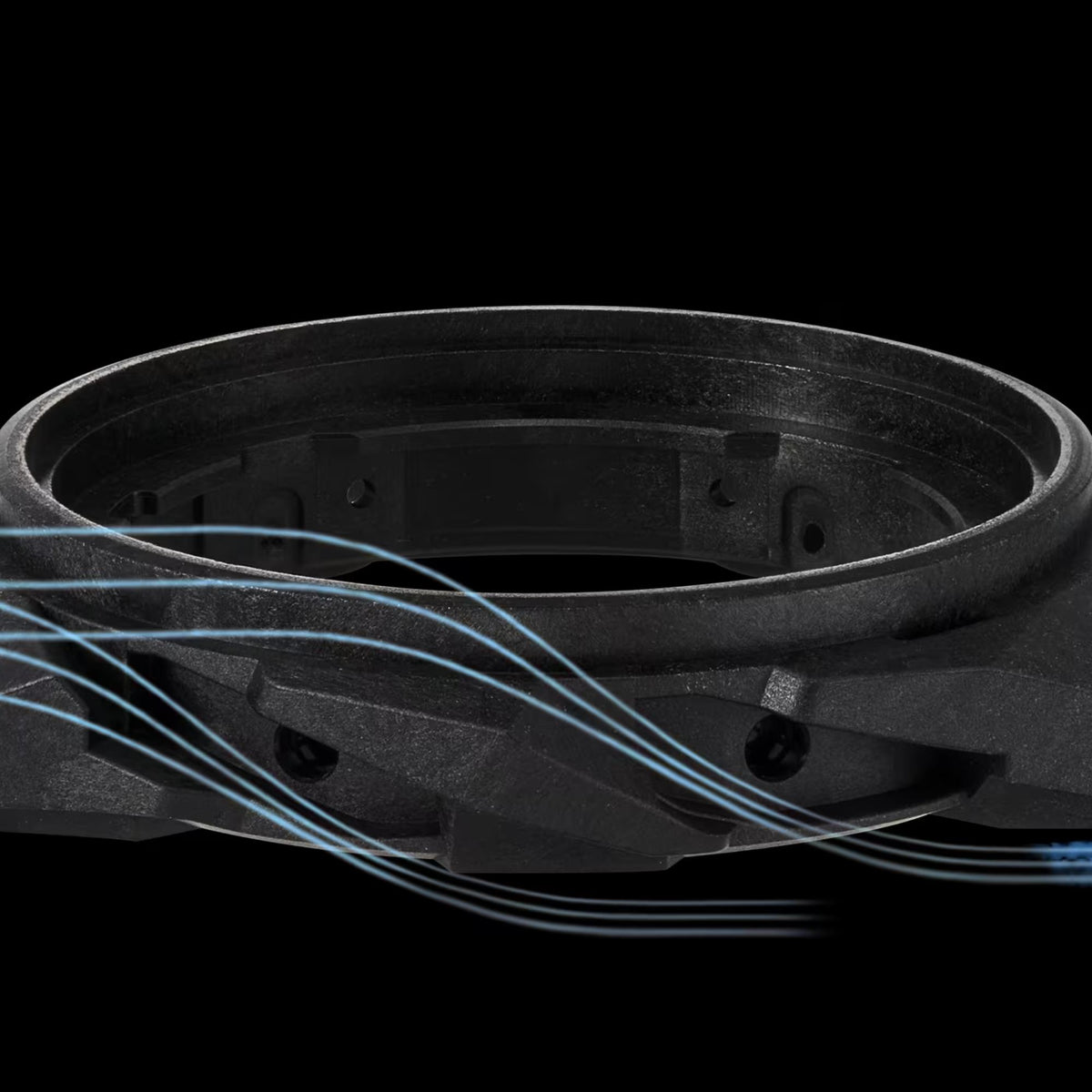 Watch caseback underside with dark bezel and blue accent light lines