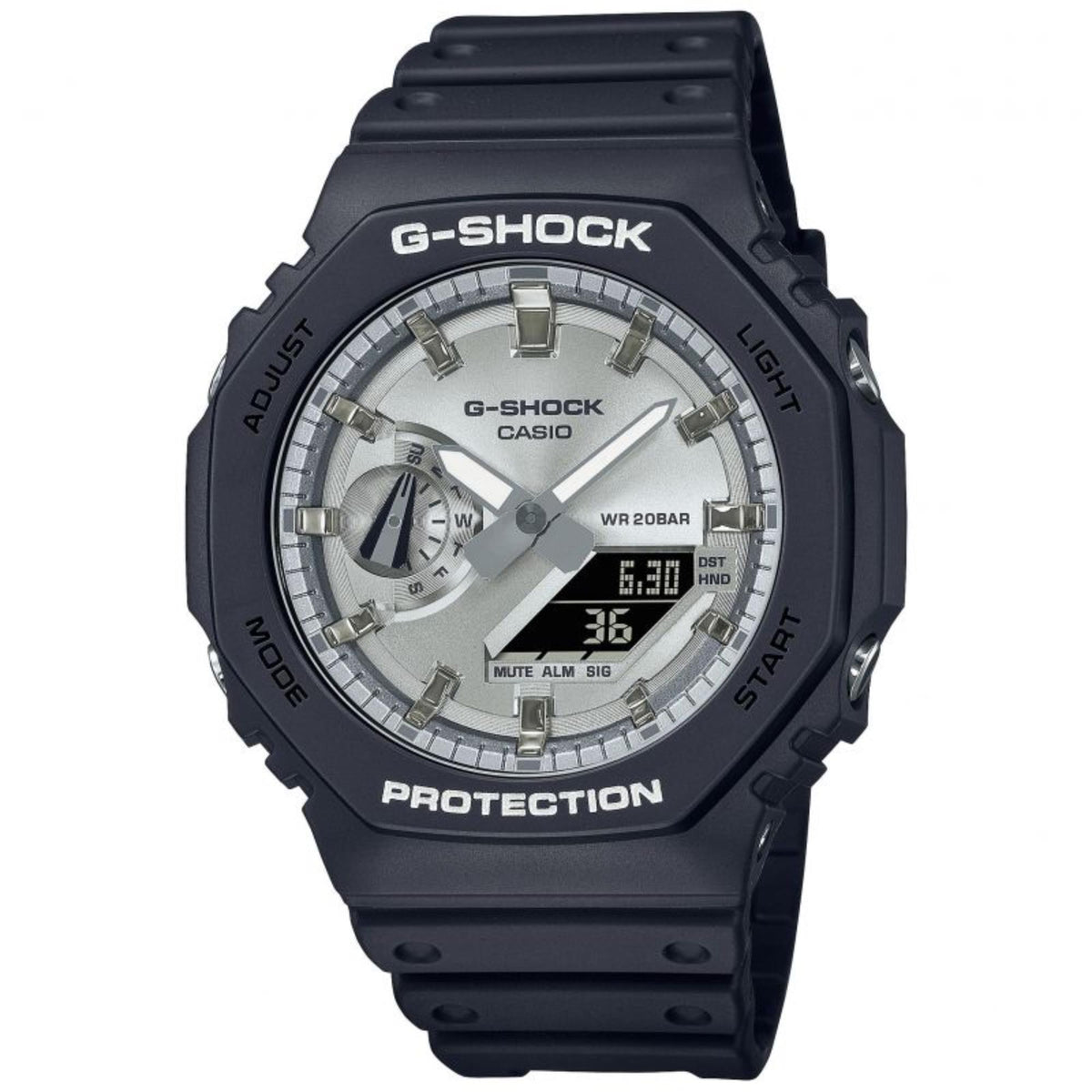Men's Casio G-Shock quartz watch with dark octagonal case, silver dial, black silicone strap.