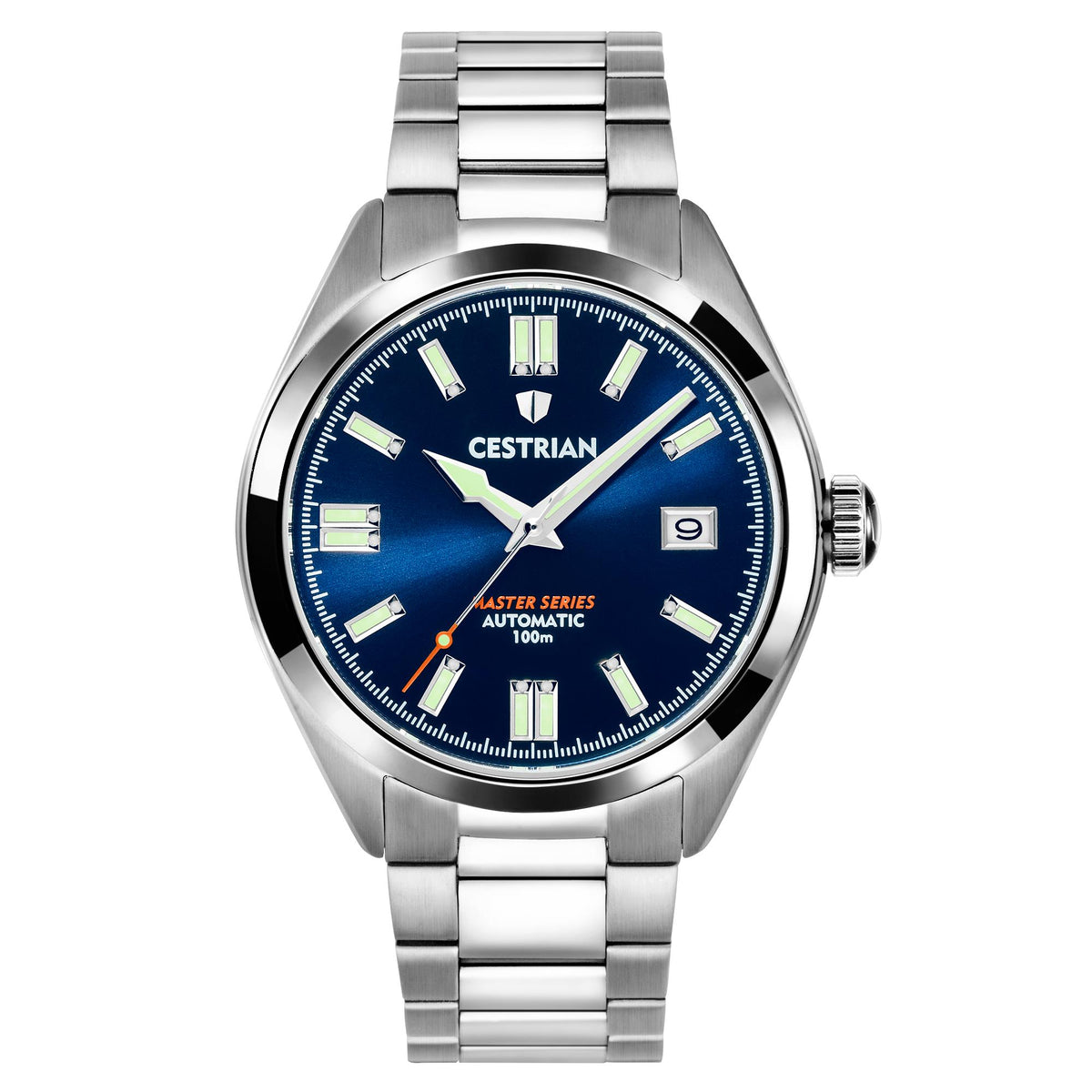 Cestrian Master Series men's automatic wrist watch with blue dial and steel bracelet