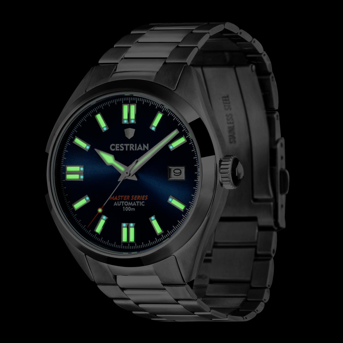Cestrian Master Series men's automatic watch with dark dial, green lume, black steel bracelet