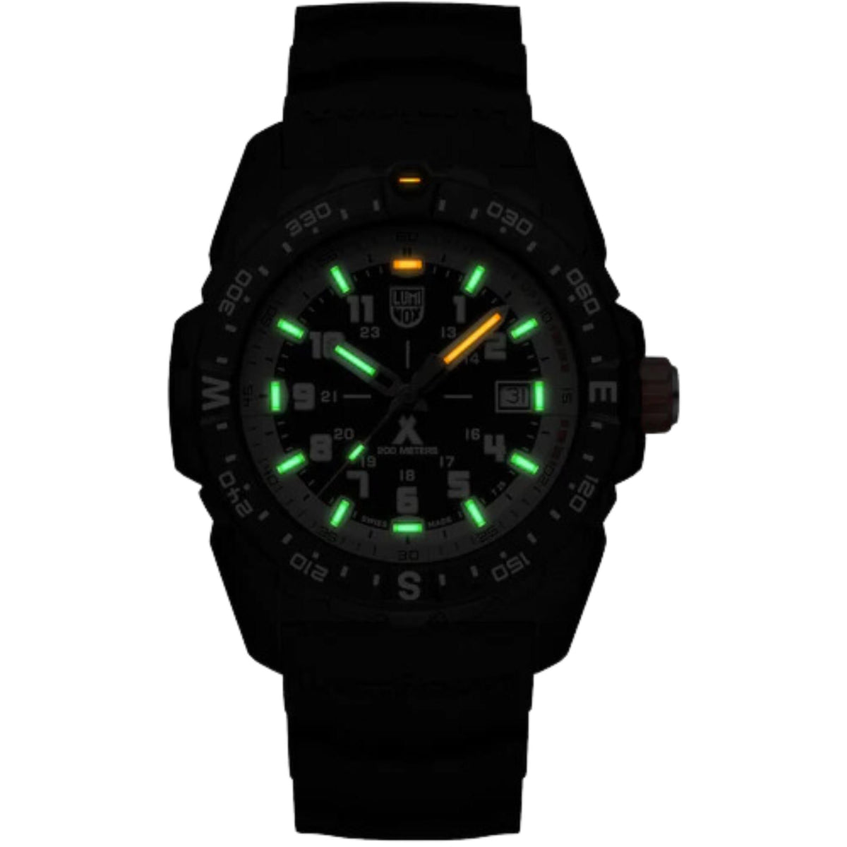 Black men’s quartz sports watch with black silicone strap and luminous dial accents
