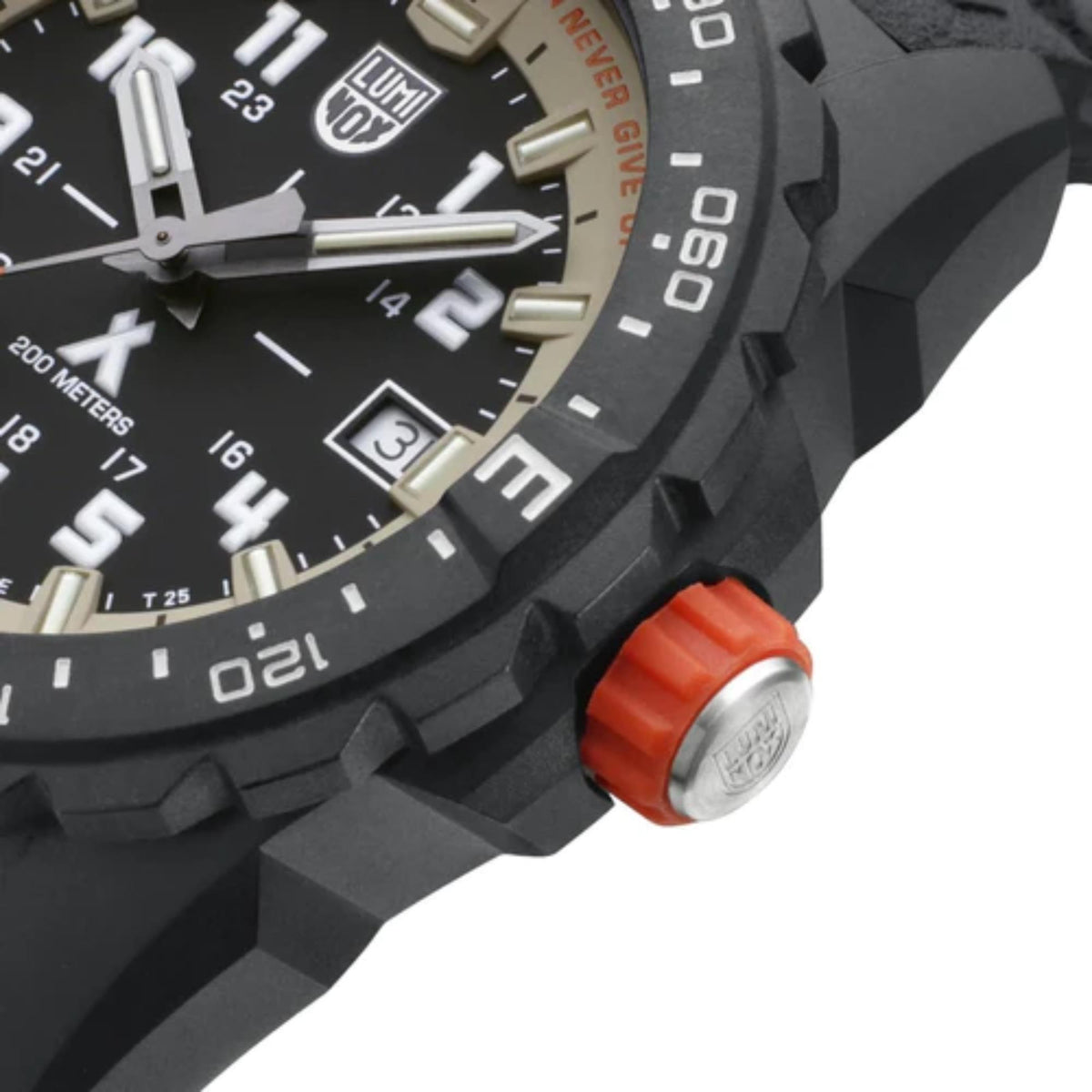 Black sports watch case with textured bezel and orange crown detail