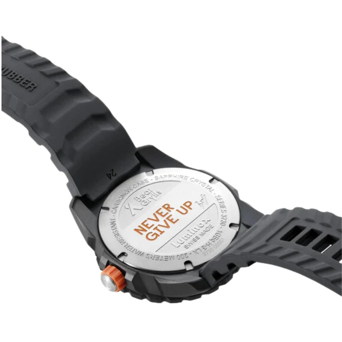 Black silicone strap watch back with “NEVER GIVE UP” engraving
