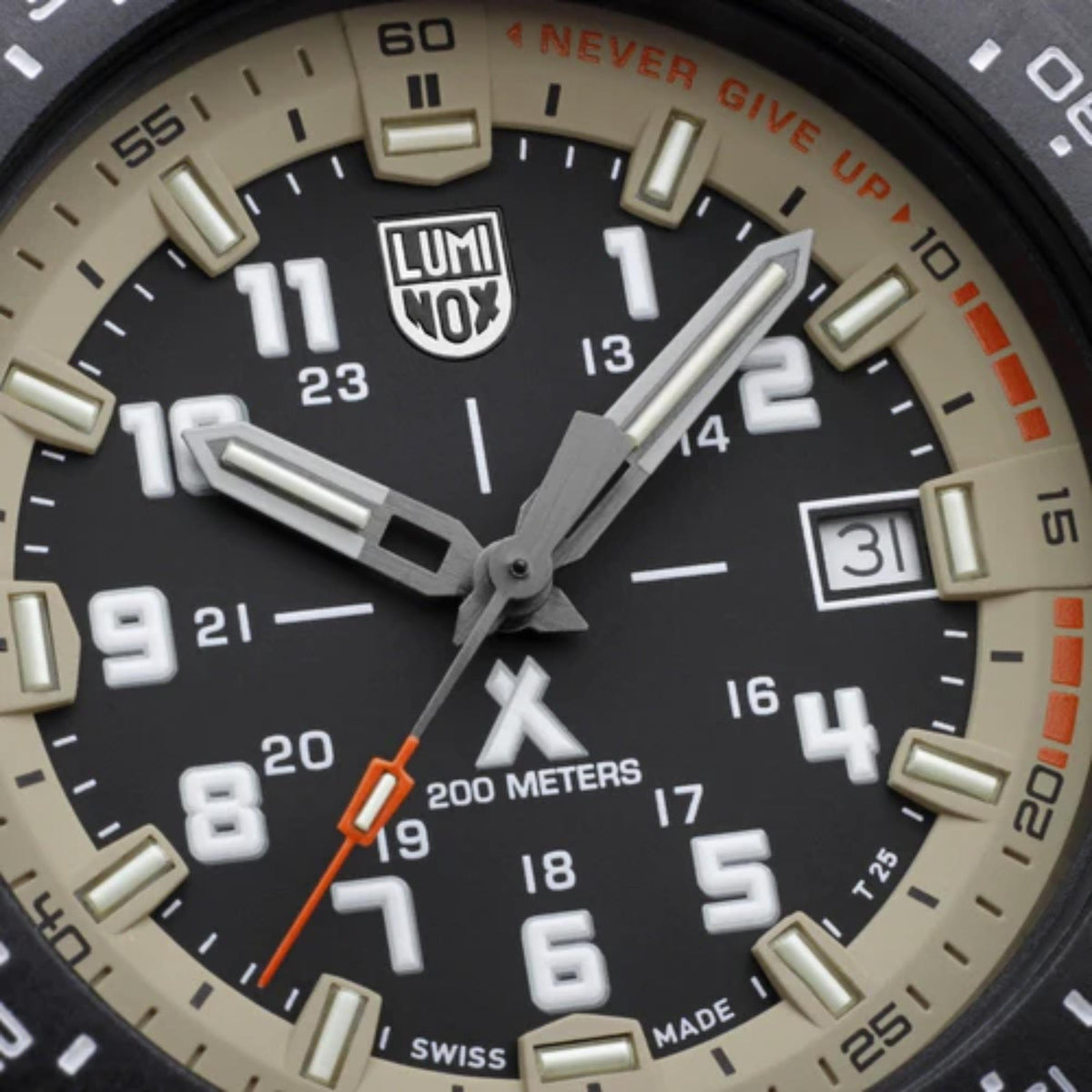Close-up of dark dial men’s watch with luminous hands, numerals, and date window