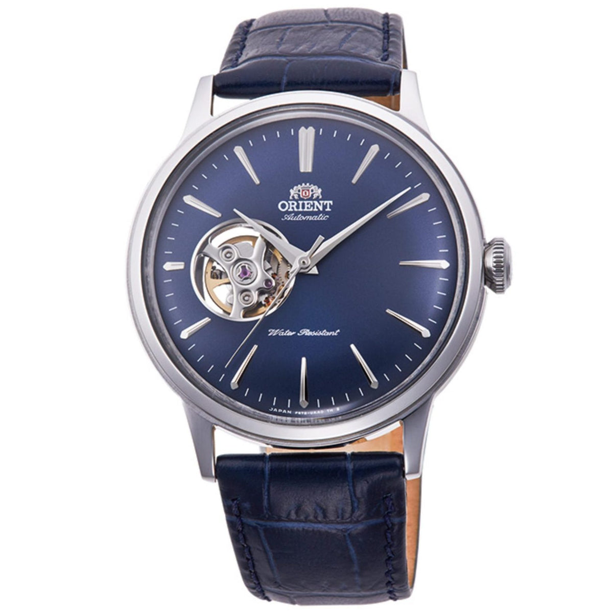 Orient Bambino open-heart automatic watch with blue dial and dark blue leather strap