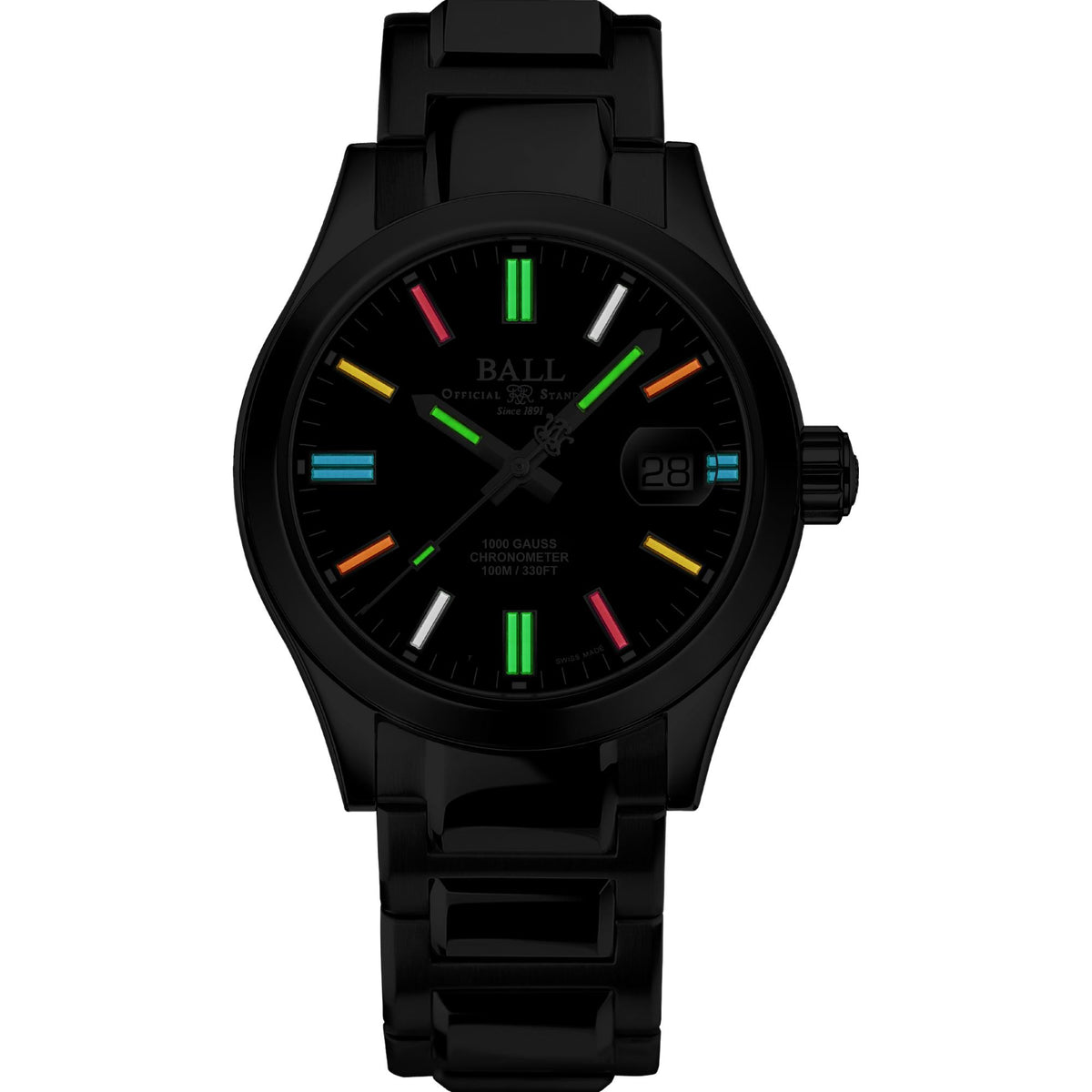 Men's automatic wristwatch with black dial, colored markers, and date window