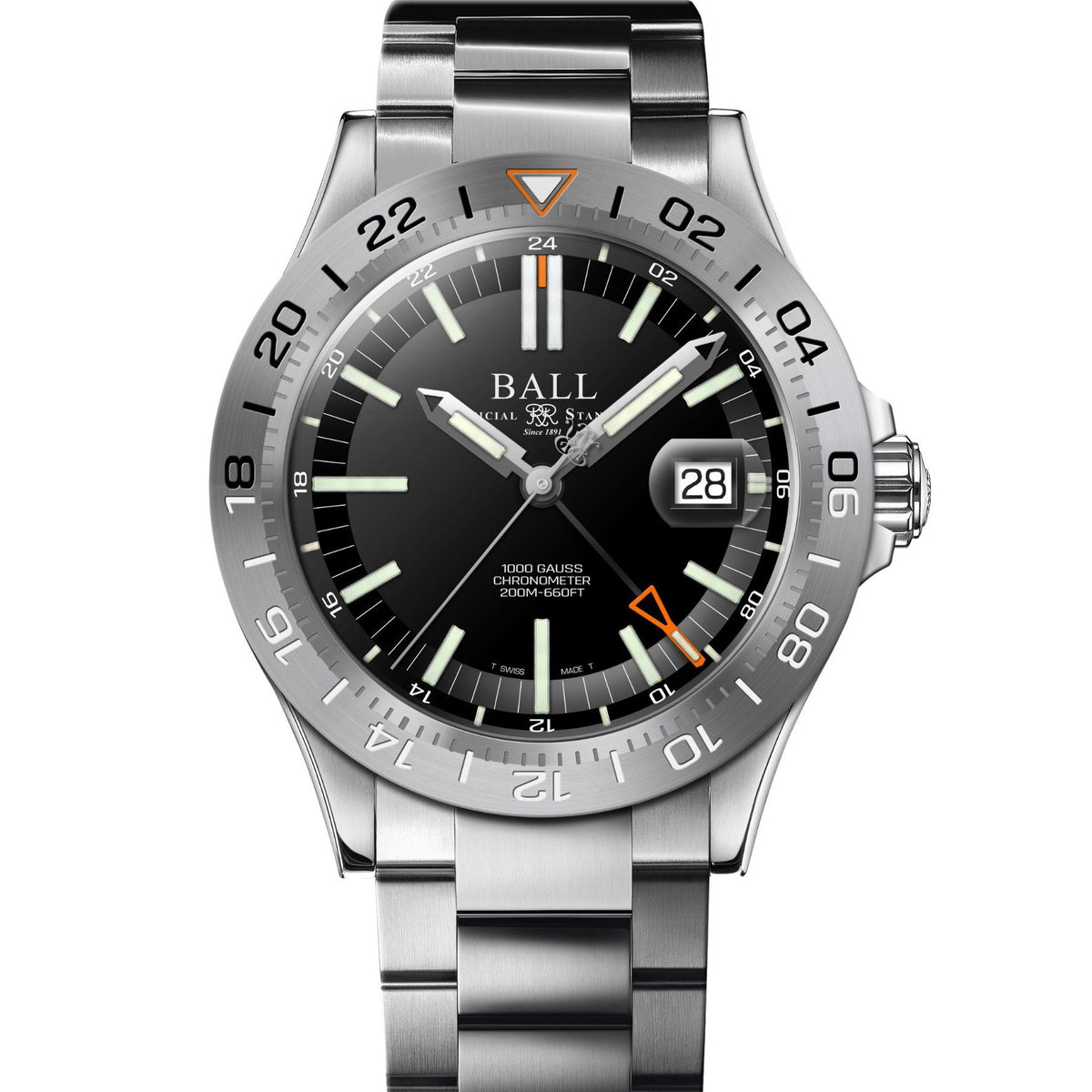 Men's stainless steel bracelet watch with black dial, orange markers, and date window.