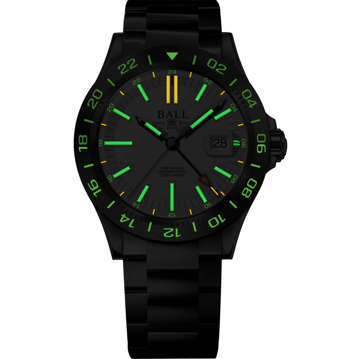 Automatic wristwatch with black case and bracelet, green dial markers, and date window