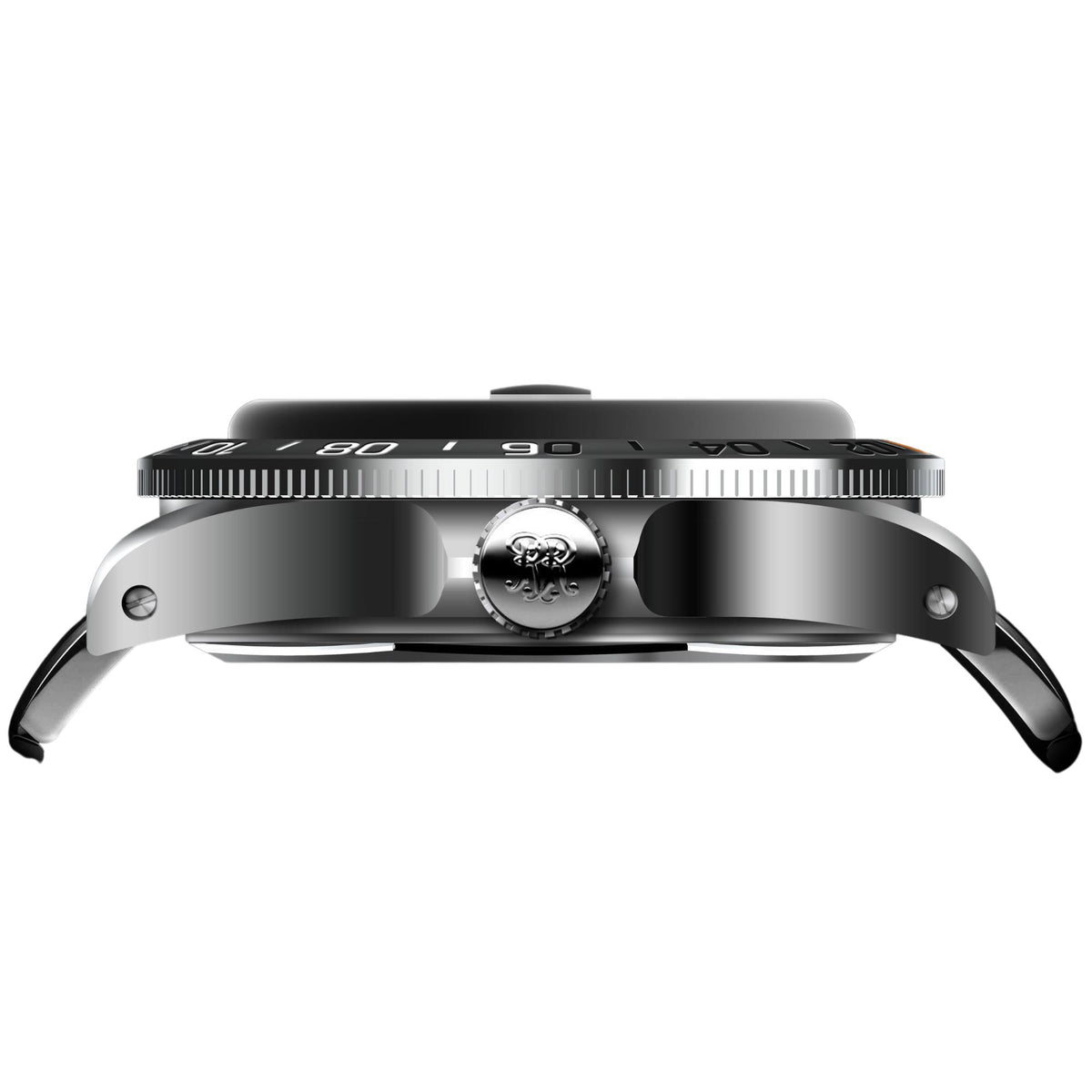 Black watch side profile with knurled bezel edge and screw-down crown on stainless case