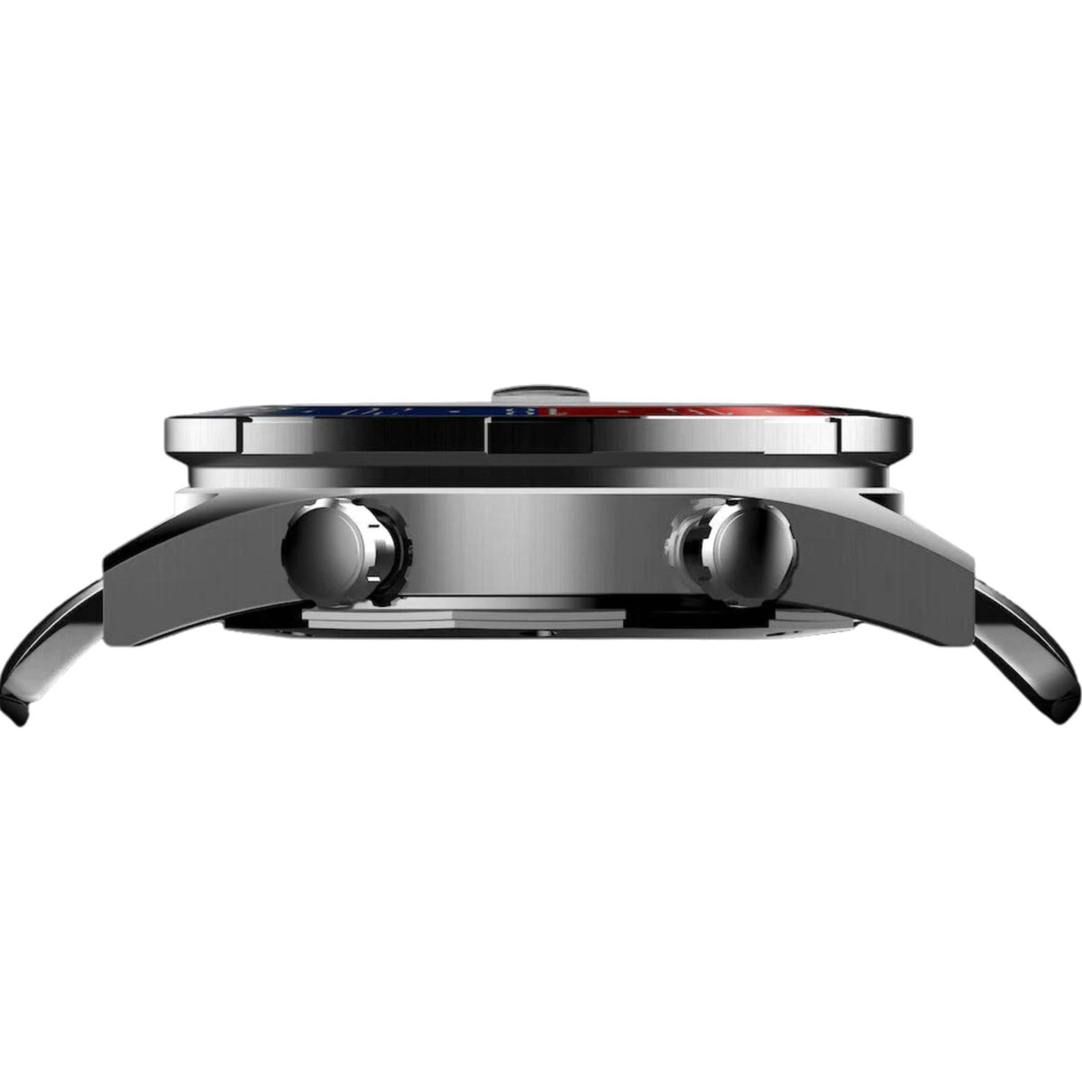 Men's watch case side view with crown and pushers on silver titanium bracelet