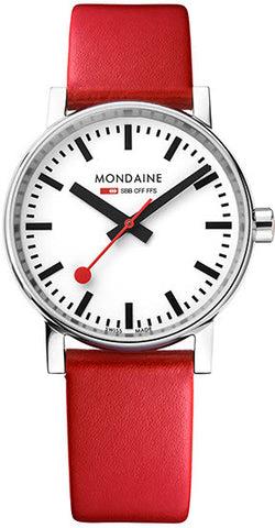 Red leather strap wristwatch, close view of white dial with black numerals and red seconds hand
