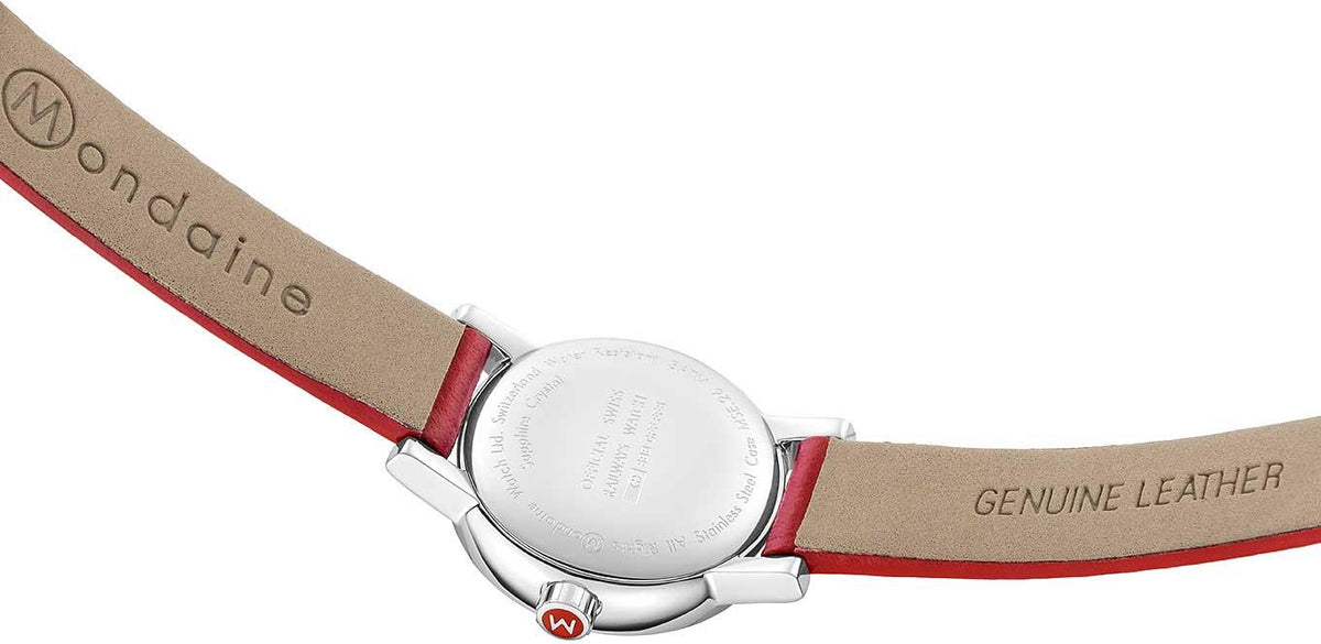 Red leather watch strap close-up with silver clasp and 'Genuine Leather' text.