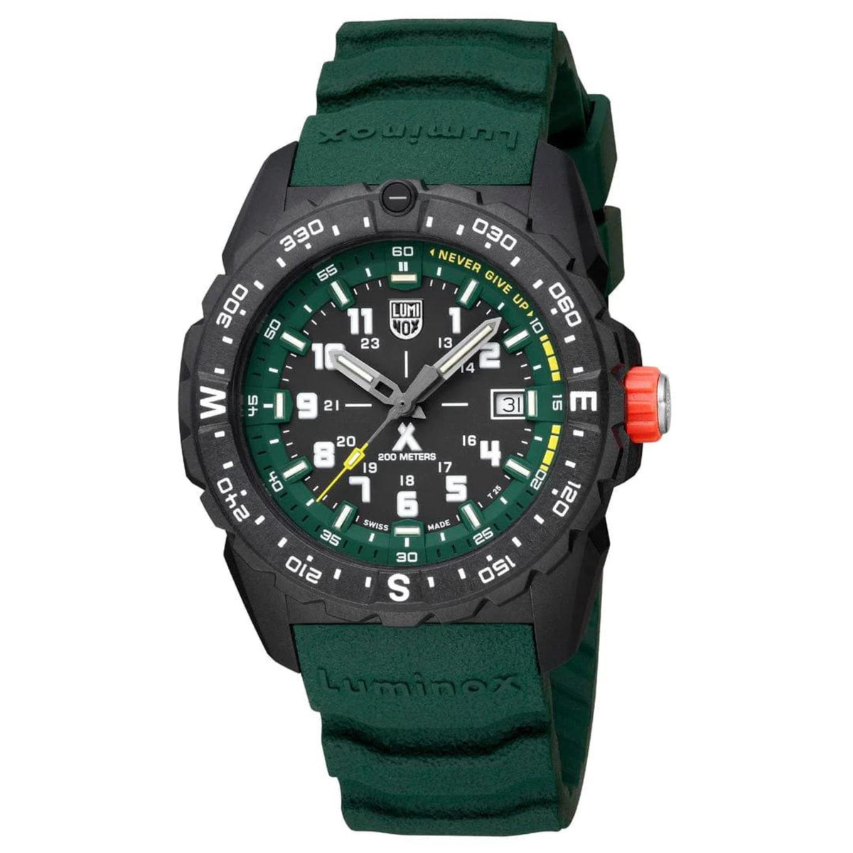 Men's rugged quartz wristwatch front view with green dial accents and green rubber strap