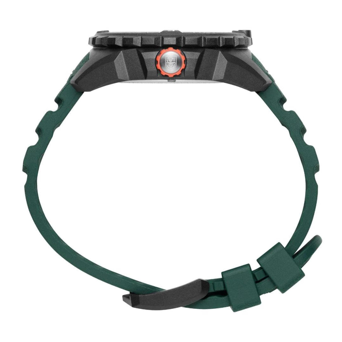 Men's rugged quartz wristwatch with green rubber strap and textured dark case profile