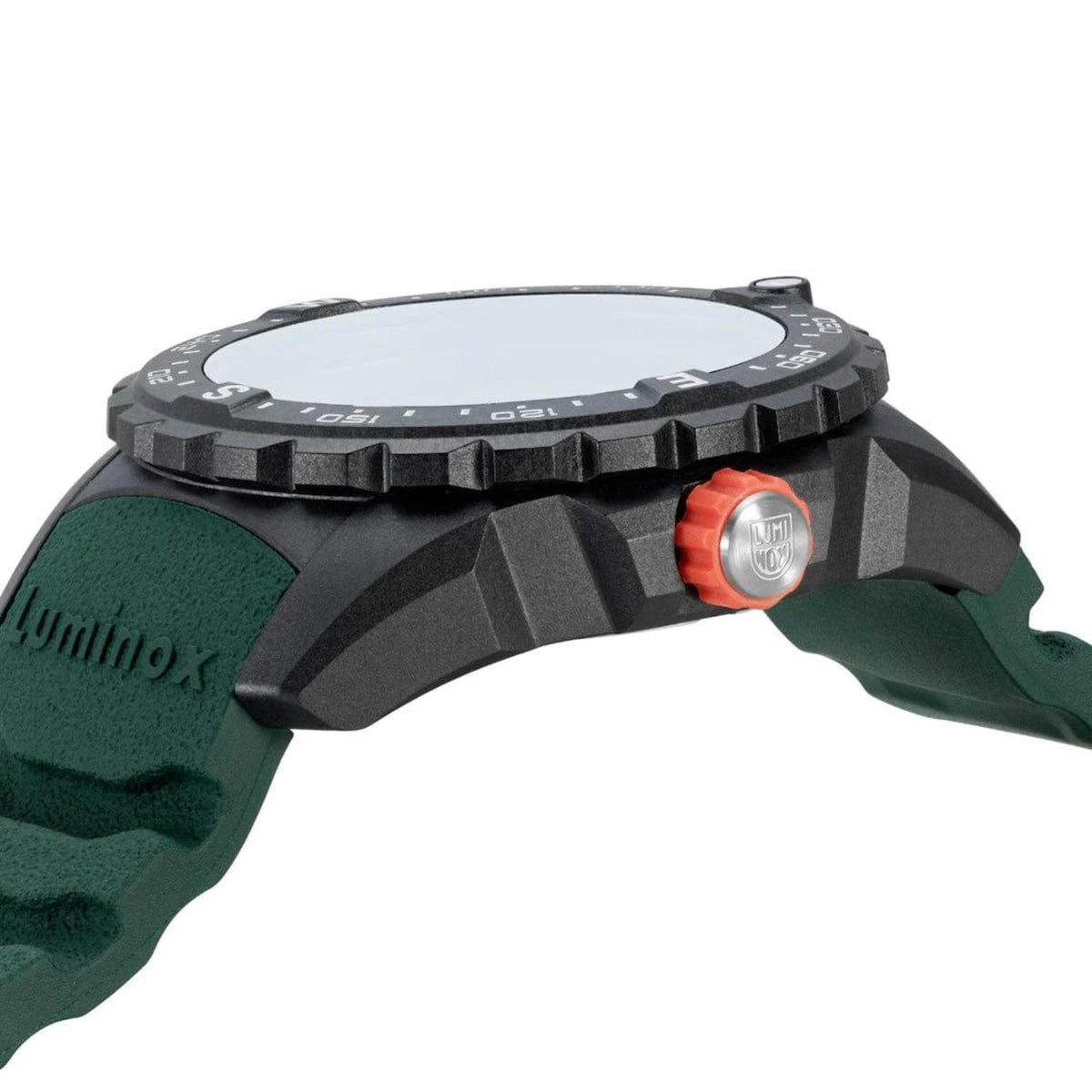 Men's rugged quartz wristwatch side view with dark bezel, orange crown, and green rubber strap