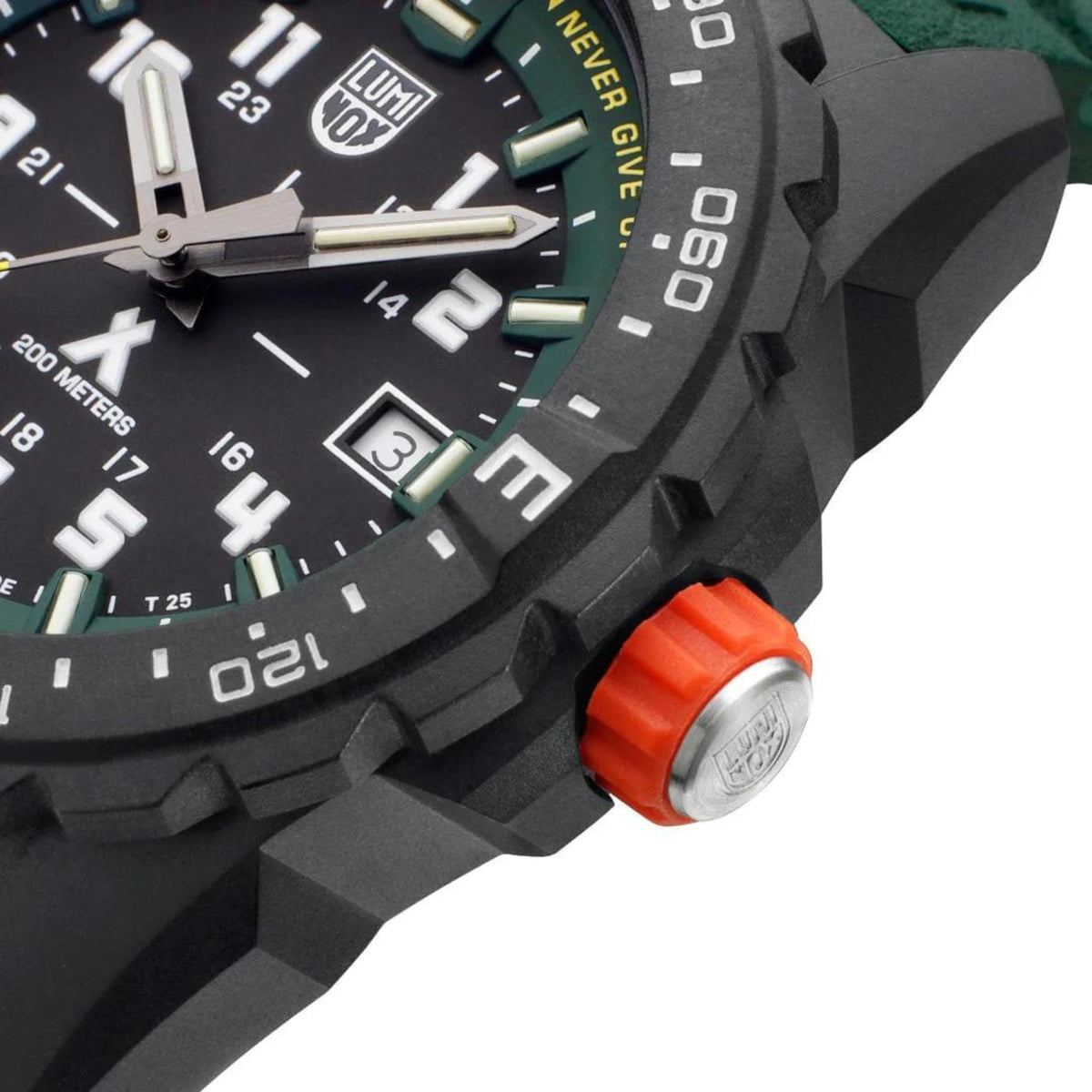 Men's rugged quartz wristwatch showing textured bezel and orange push-button detail