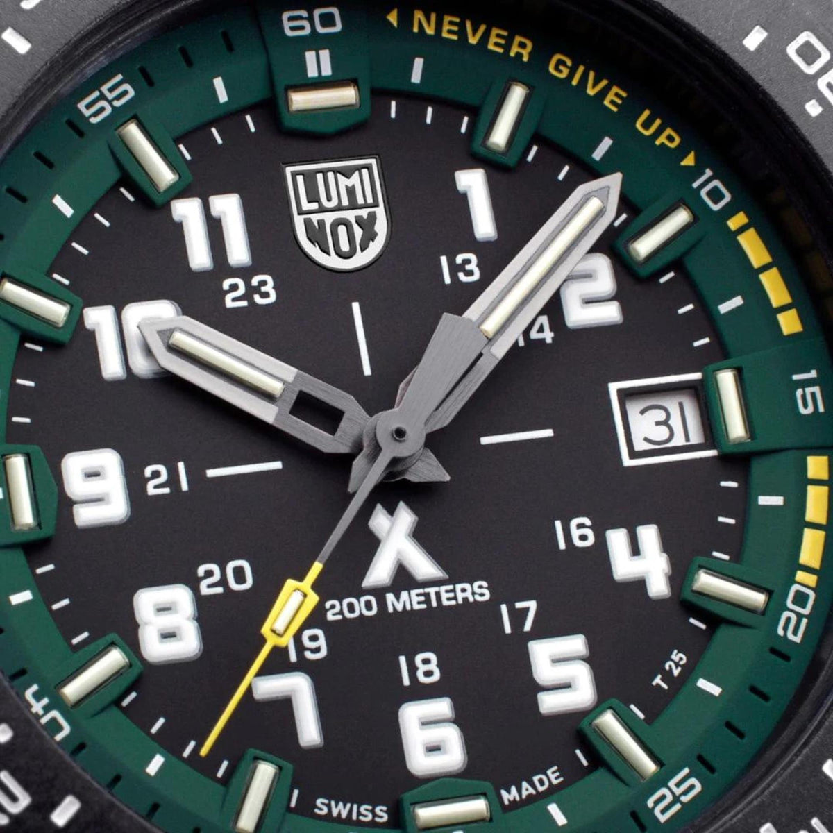 Men's quartz wristwatch dial close-up with green accents, oversized hour markers, and date window
