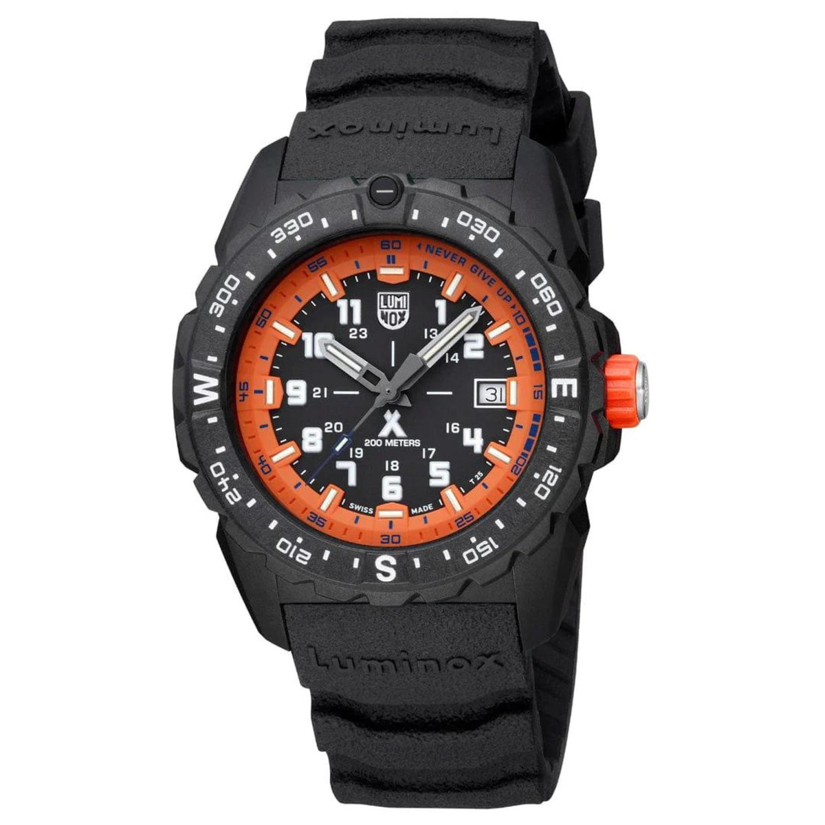 Black rubber men’s quartz wristwatch with orange dial, bold hour markers, orange side crown.