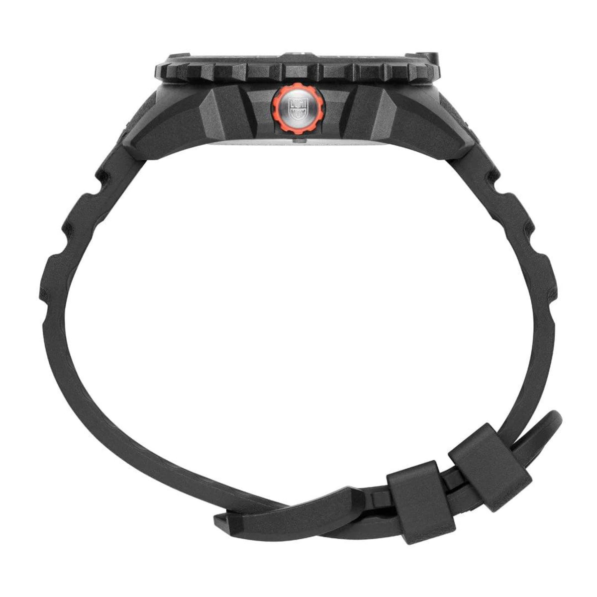 Black rubber strap and ridged black case with orange crown, viewed from above.