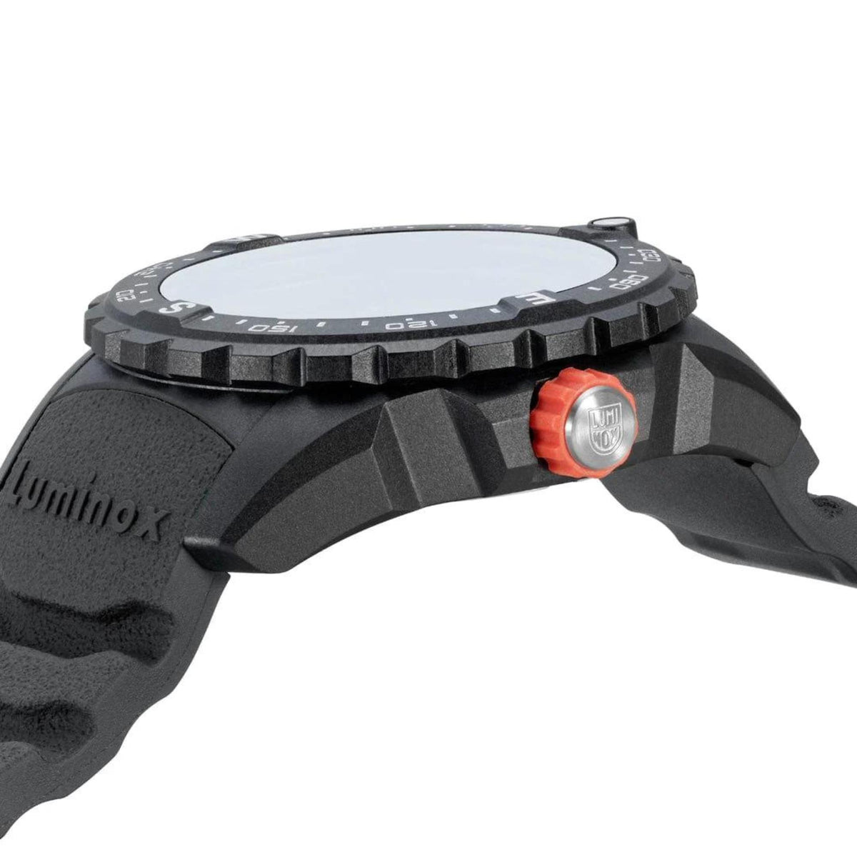 Black watch case side with ridged bezel edge and orange crown accent on rubber strap.