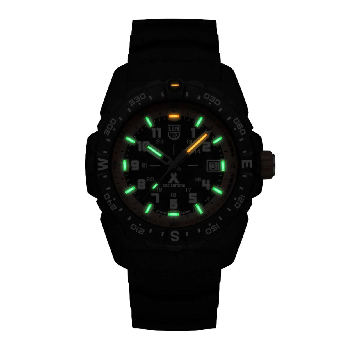 Black rubber men’s quartz watch with glowing green markers on orange dial and bezel.