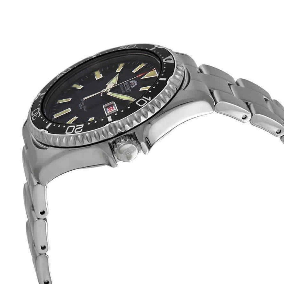 Men's steel automatic watch side view with black dial, ridged bezel, and bracelet