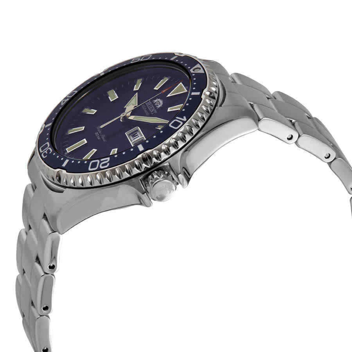 Men's automatic wristwatch side view with blue dial, crown, and steel link bracelet