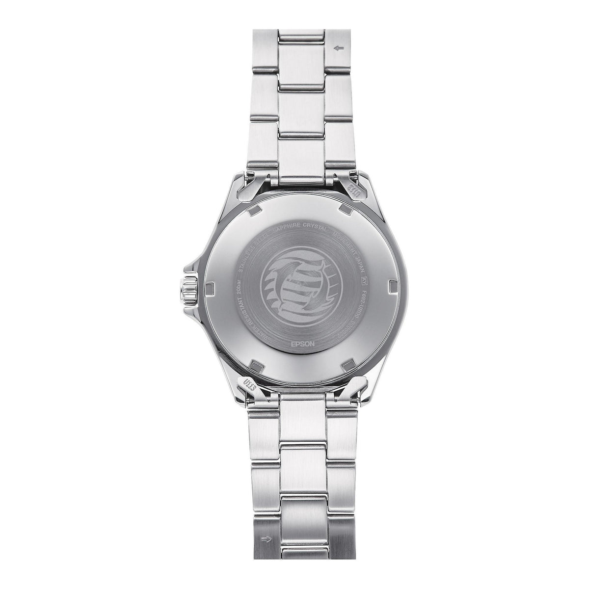 Men's automatic wristwatch caseback view with stainless steel bracelet