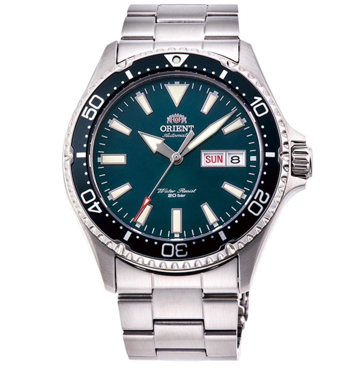 Men's stainless steel automatic watch with blue dial, bezel, and metal bracelet