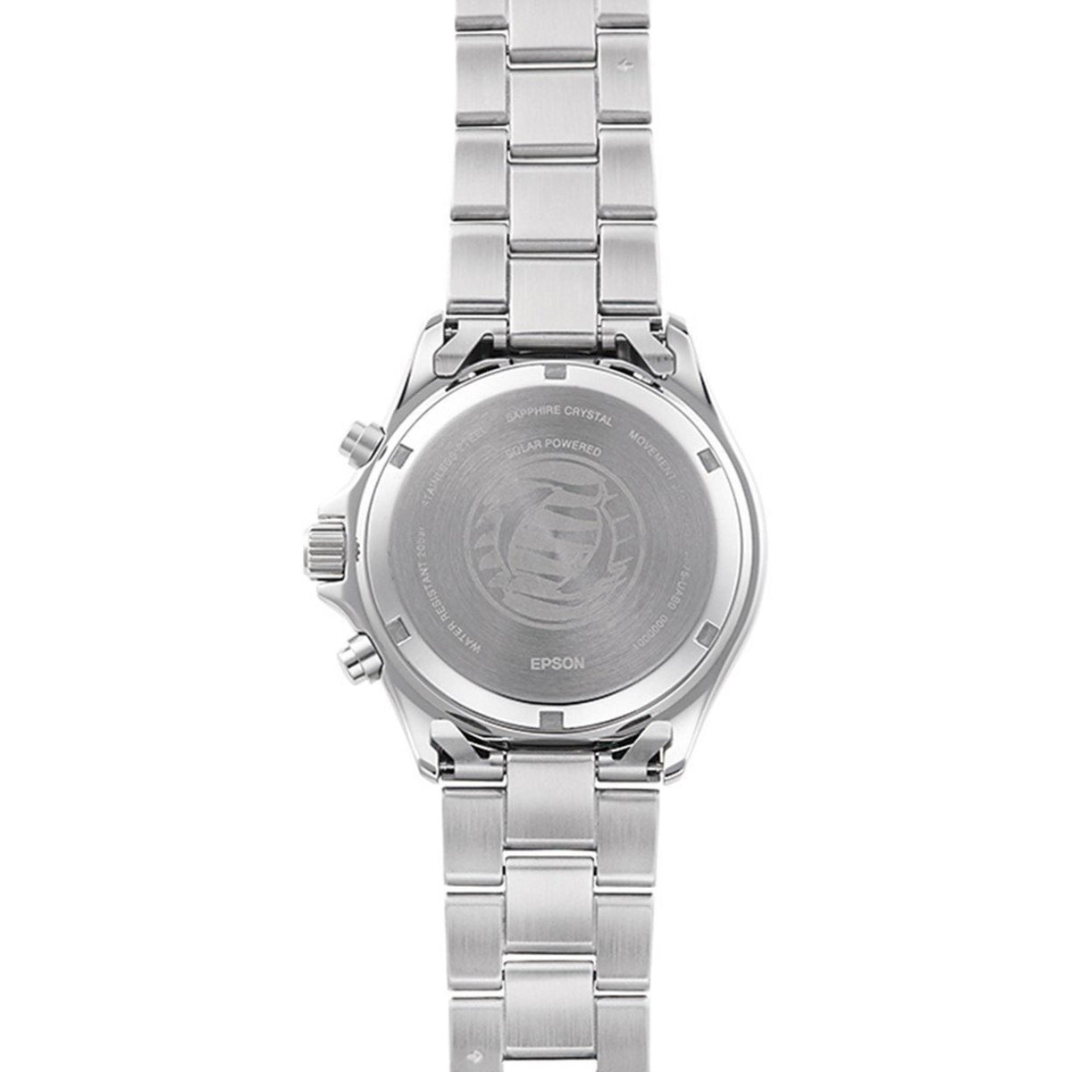 Men's Orient solar chronograph watch, rear view of steel case back and crown