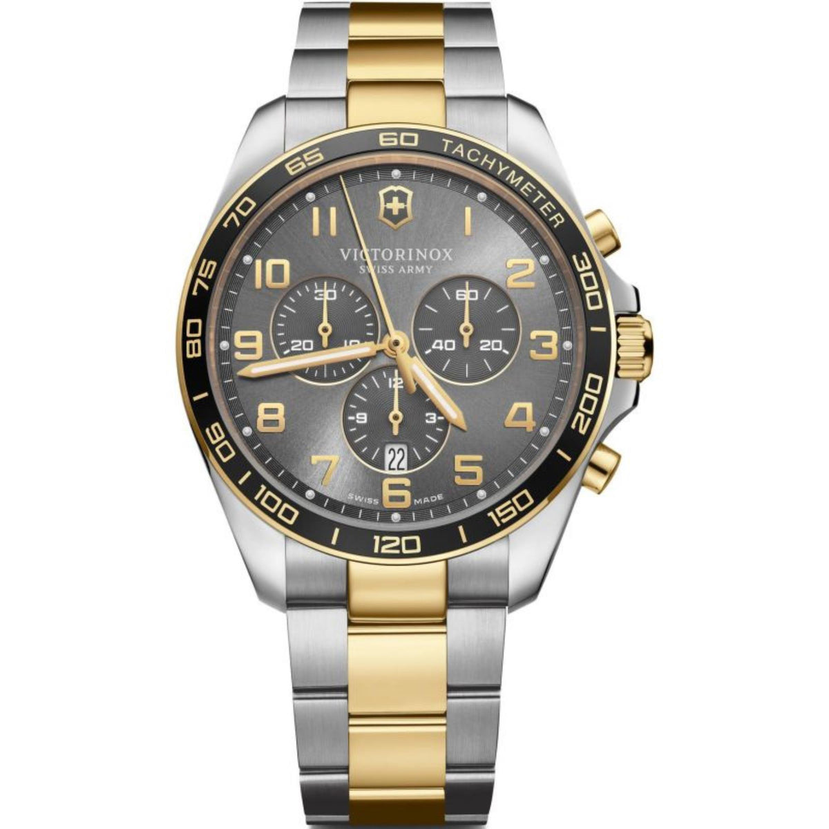 Men's stainless steel chronograph watch with dark grey dial, gold accents, quartz movement.